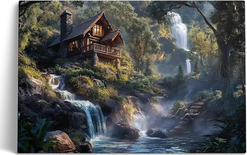 Thomas Kinkade Inspired Landscape Wall Art Classic American Countrystyle Framed Canvas Painting Artwork for Home Bedroom Office Decor Ready to Hang (Fallingwater Villa, 48x30, Wrapped Canvas)