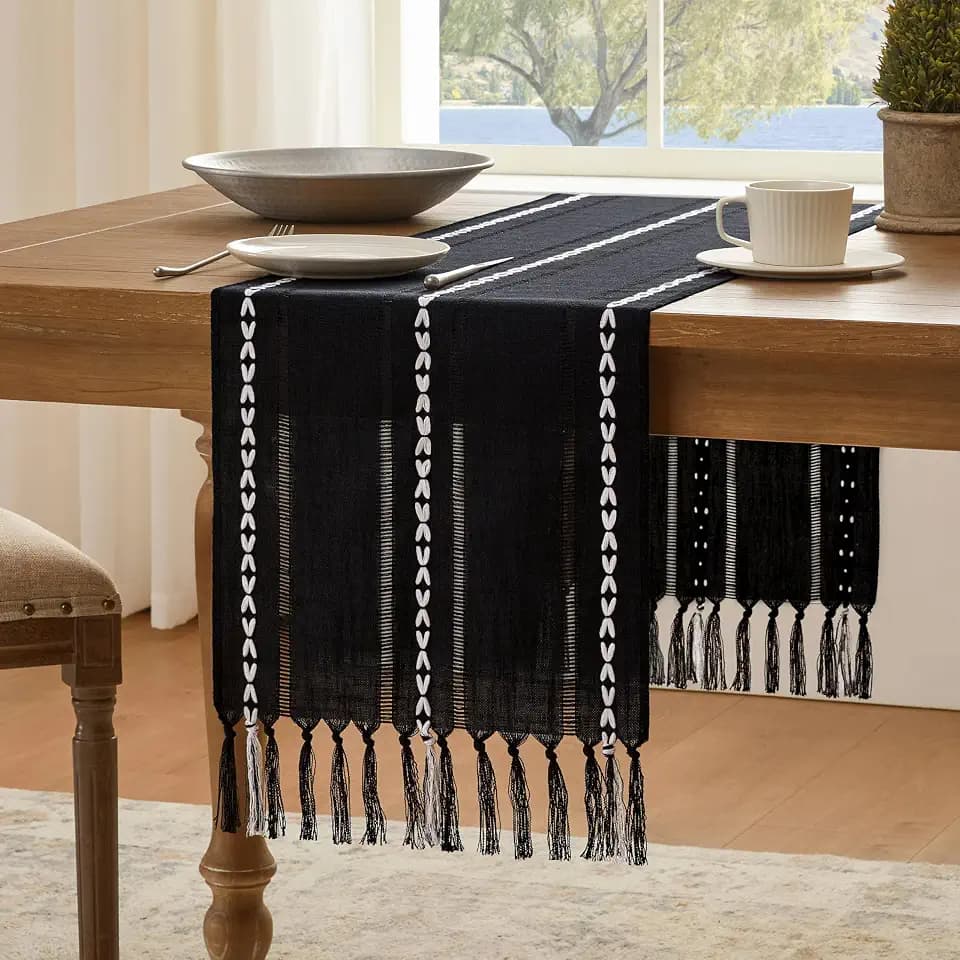 Hemstitched Farmhouse Table Runner, Black 13x90 Inch, Cotton Linen Table Runners 90 Inches Long, Embroidered Striped Orange Boho Table Runner Rustic Home Decor