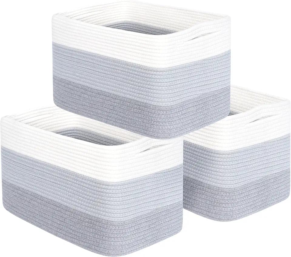 MINTWOOD Design 3-Pack Storage Baskets for Shelves, Playroom and Classroom, Book Basket, Decorative Storage Cube Bins, Woven Closet Organizers, Pantry and Shoe Organizer, 3-Tone Grey