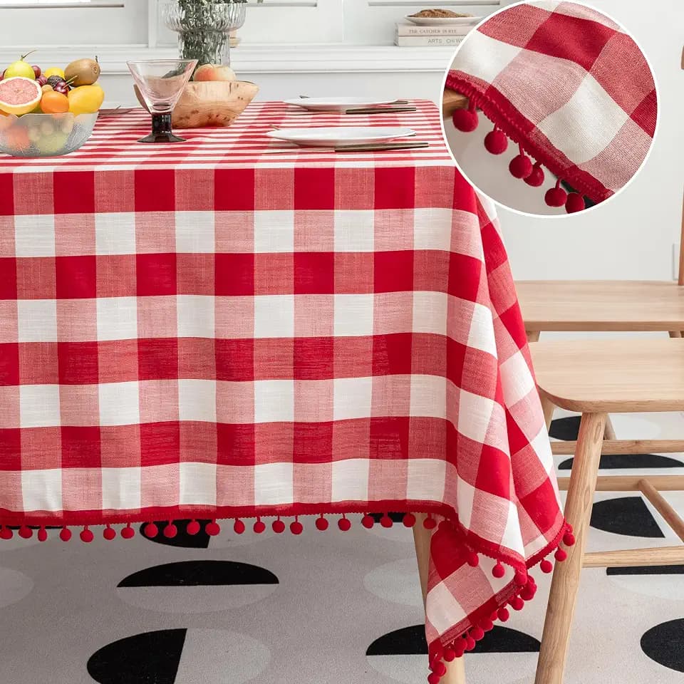 Jubilantex Square Buffalo Plaid Tablecloth Red White 60" Wx84 L with Tassel