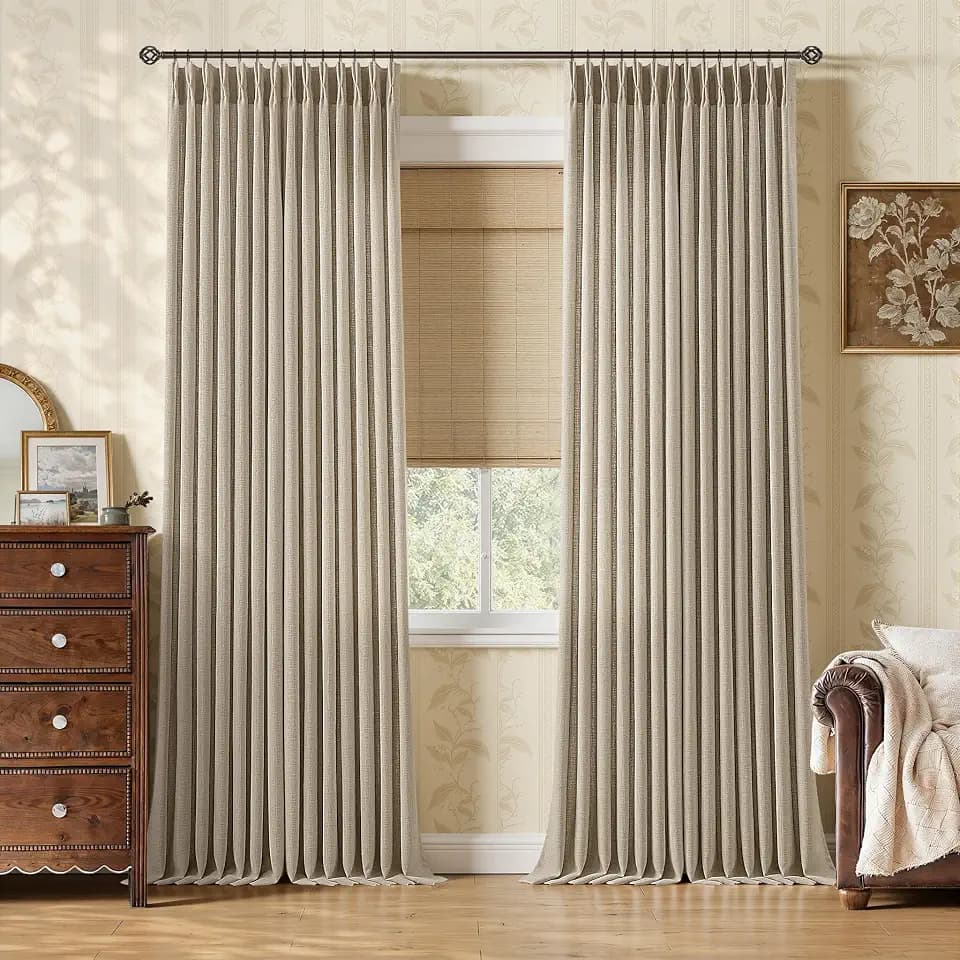 90 Inch Burlywood Birch Linen Pleated Semi Sheer Curtains 2 Panels Set
