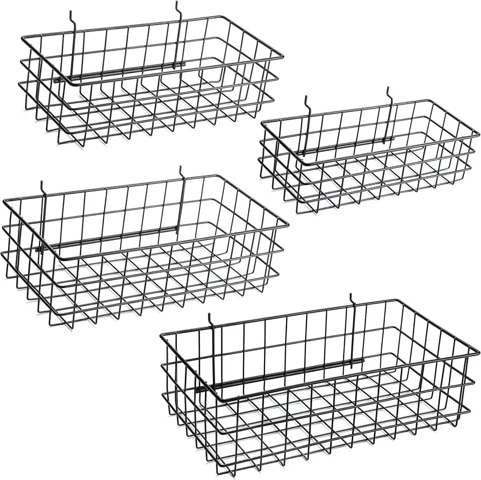 Pegboard Baskets, Set of 4 Black - Hooks to Any Peg Board - Pegboard Accessories, Square Style Wire Shelf Baskets - Organize Tools, Workbench, Garage Storage - Wall Organizer Attachments
