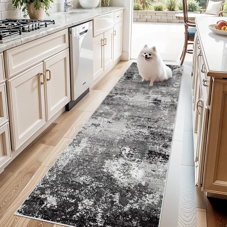 3x8 Washable Hallway Runner Non-Slip Abstract Modern Neutral Wide Carpet Runner for Kitchen Floor, Entryway, Bedroom, Living Room Soft Low-Pile Thin Rubber Backing (Black Grey, 3x8)