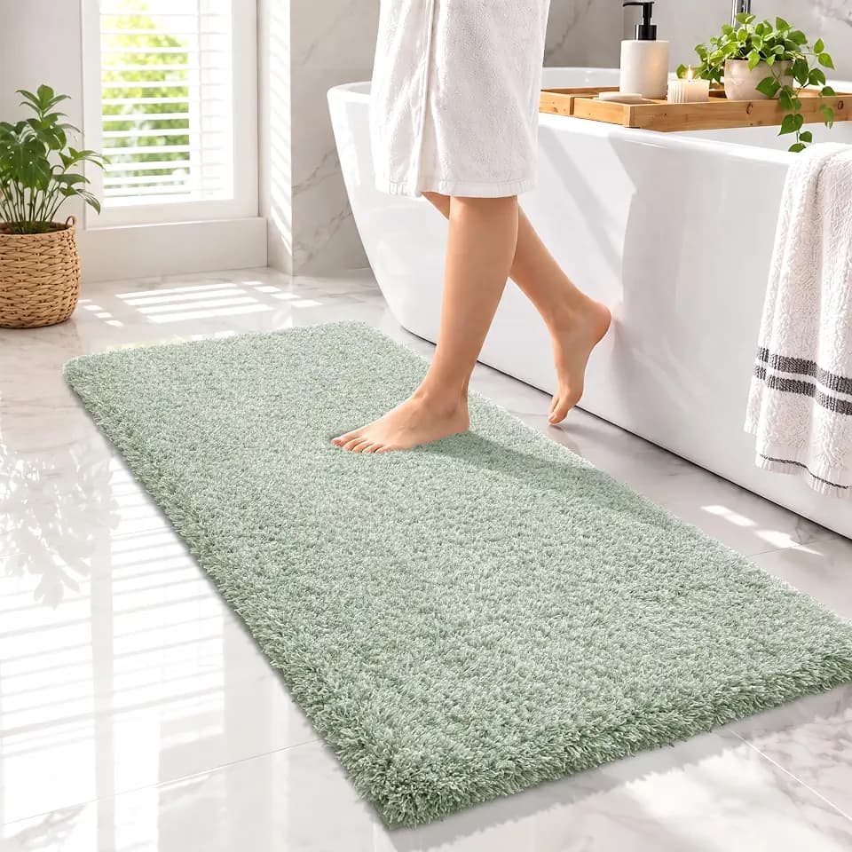 Yimobra Bathroom Runner Rug Non Slip Washable 56x24, Bath Mat, Green&White