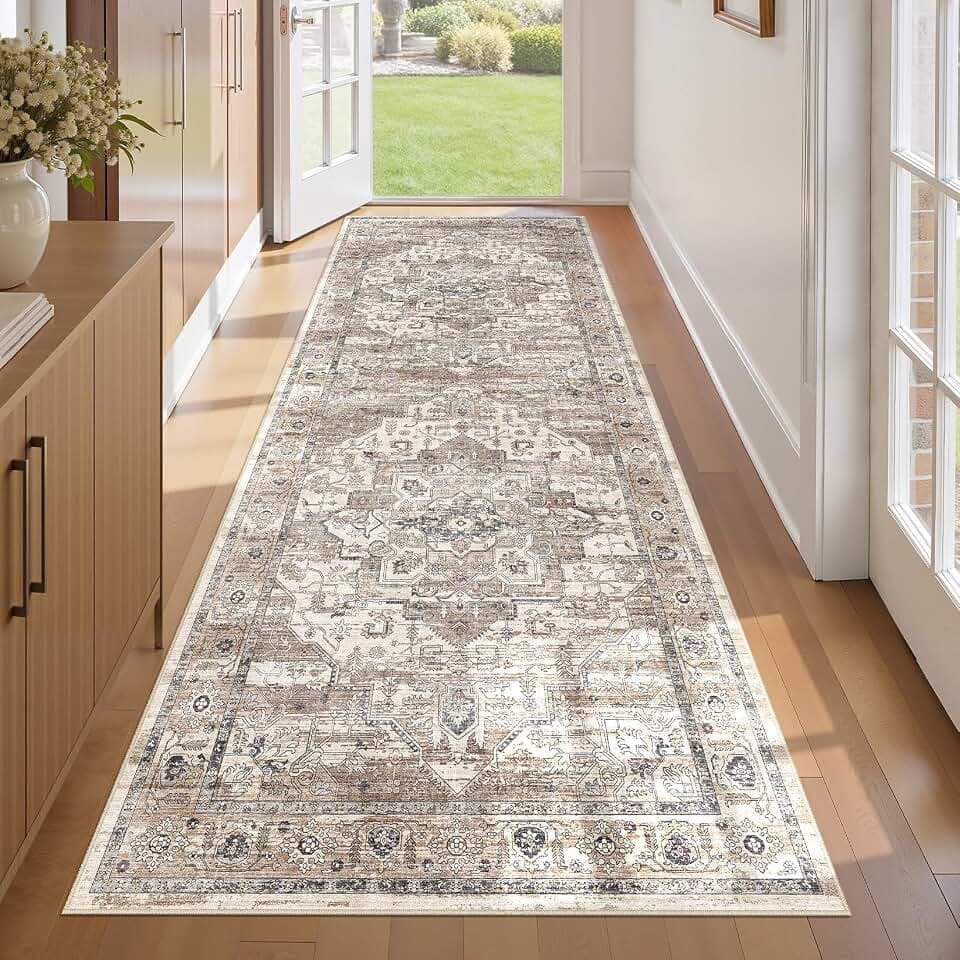 Washable 3x8 Runner Rug: Non Slip Vintage Tea Brown Entry Area Rug