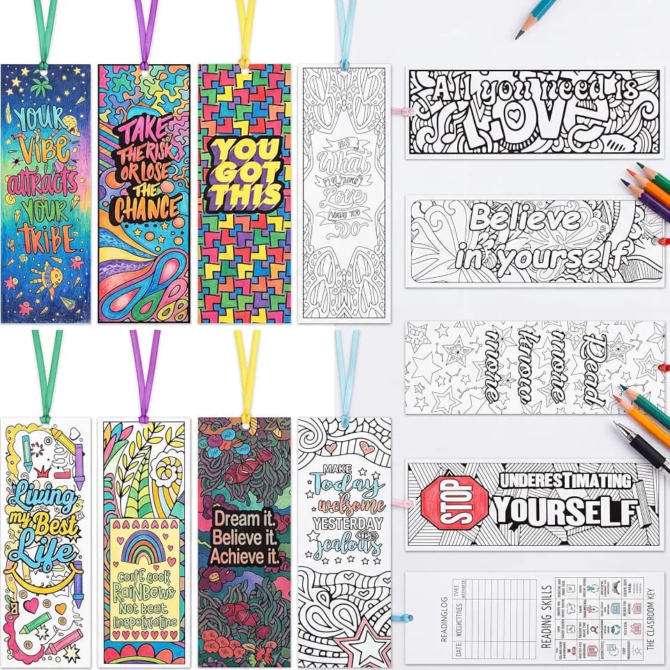 Gersoniel 180 Pieces Color Your Own Bookmarks for Kids, Back to School DIY