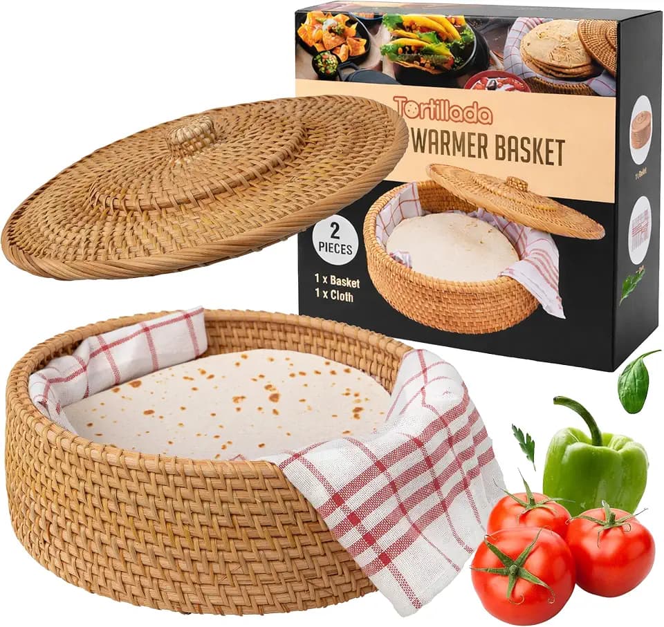 Tortillada - Tortilla Warmer 10 inch Rattan – Handmade Bread Basket for Tortillas, Wraps and Flatbread – Warming Basket incl. Cotton Cloth for Kitchen, Keeps Food Warm