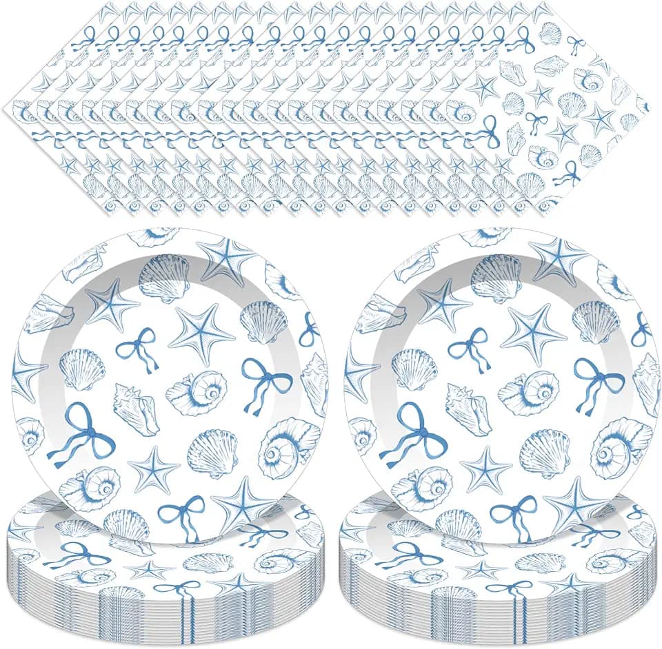 60PCS Blue Bow Seashell Tableware Kit 7" Under The Sea Dinner Plates The Summer I Turned Birthday Party Decor Ocean Dessert Plates Beach Starfish Seashell Party Supplies for Kids Girls Boys Events