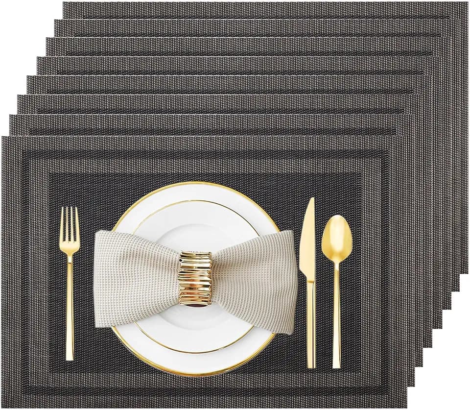 Black Gold Vinyl Placemats Set of 8, Heat Resistant Table Placemats