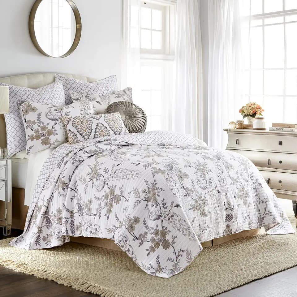 Levtex Home Pisa Reversible Full/Queen Quilt Set (88x92in) with 2 Pillow Shams (26x20in) - Floral Peacock - Grey, Taupe - 100% Cotton Full/Queen Size Quilt Bedding Set - Lightweight, Soft, Pre-Washed