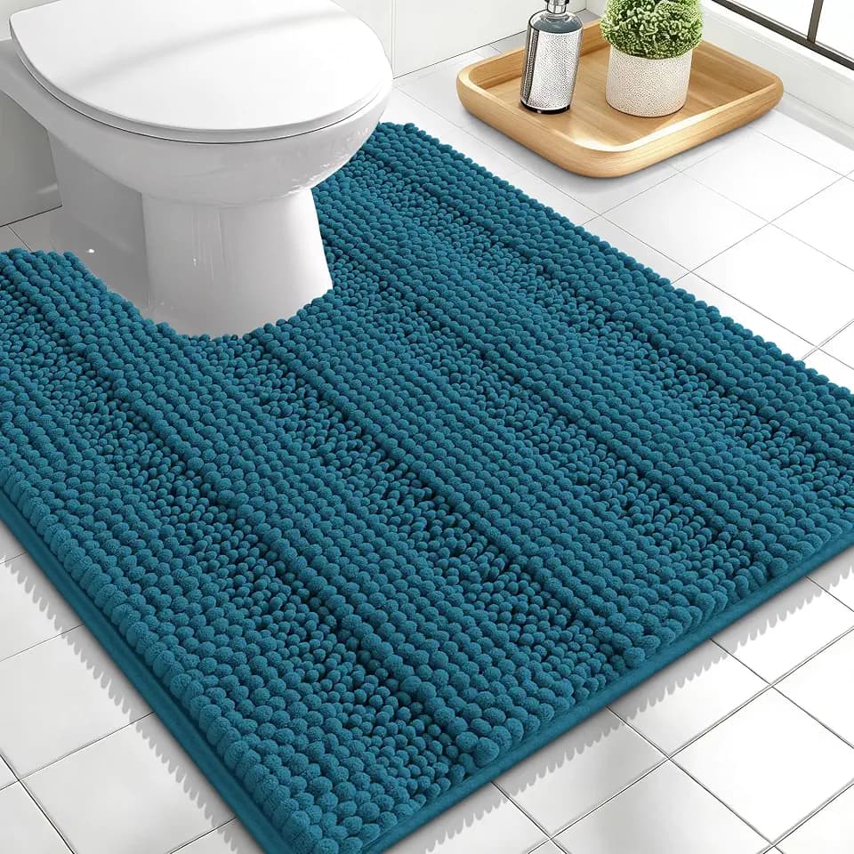 OLANLY Thick Toilet Rugs U-Shaped 24x20, Chenille Bath Mat, Peacock Blue
