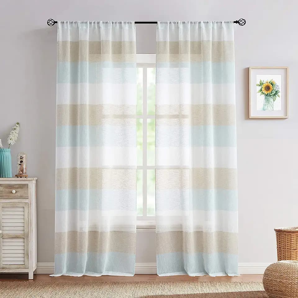 Vision Home Spa Blue and Tan Stripe Sheer Curtains Coastal Color Block Farmhouse Window Panels 84 inch Length Linen Rustic Light Filtering Drapes for Living Room Rod Pocket,40" Wx84 Lx2