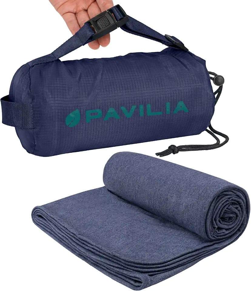PAVILIA Travel Blanket Airplane Compact with Bag Lightweight, Navy Blue