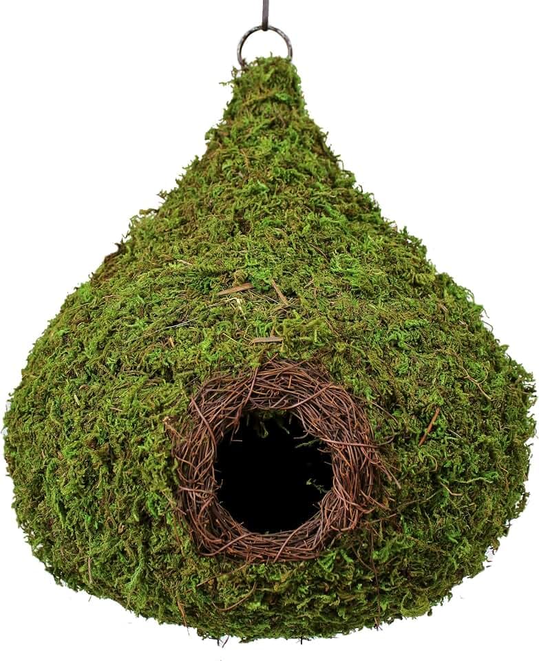 SuperMoss (56051) Woven Birdhouse – Durable Outdoor Hanging Bird House Made with Natural Moss for Wild Birds, 9.5” x 10.5” x 9.5”, Raindrop