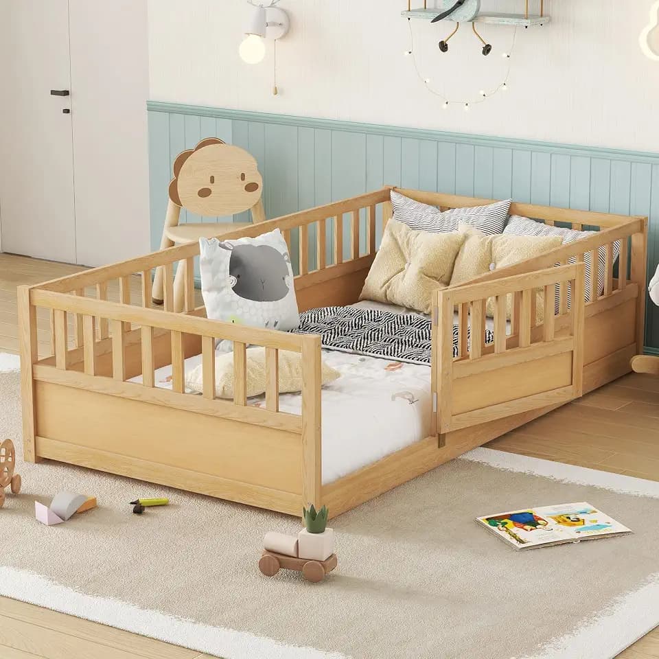 Bellemave Twin Size Kids Montessori Floor Bed with Slats,Solid Wood Floor Bed Frame with High Fence and Door for Kids,Girls,Boys,Twin,Natural