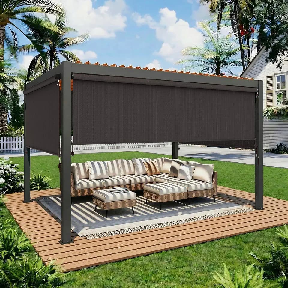 Outdoor Roller Shade, 420GSM New Material Patio Shade with 95% UV Protection, Cordless Aluminum Waterproof Blinds with Crank Handle, Sun Shades Outdoor Patio with Privacy Protection, 8'W X 8'H Brown
