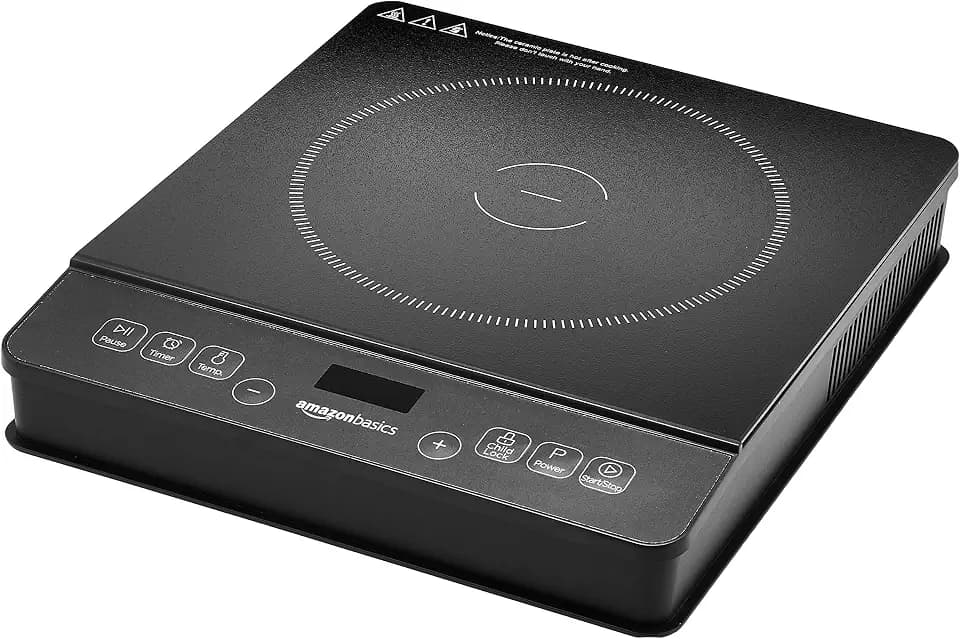 Amazon Basics 1800W Portable Electric Induction Cooktop, Burner and Child Lock, Overheat Protection, Timer, 8 Power Settings, Temperature Control Up to 440°F, for Cookware Diameter 5.7"-8.2", Black