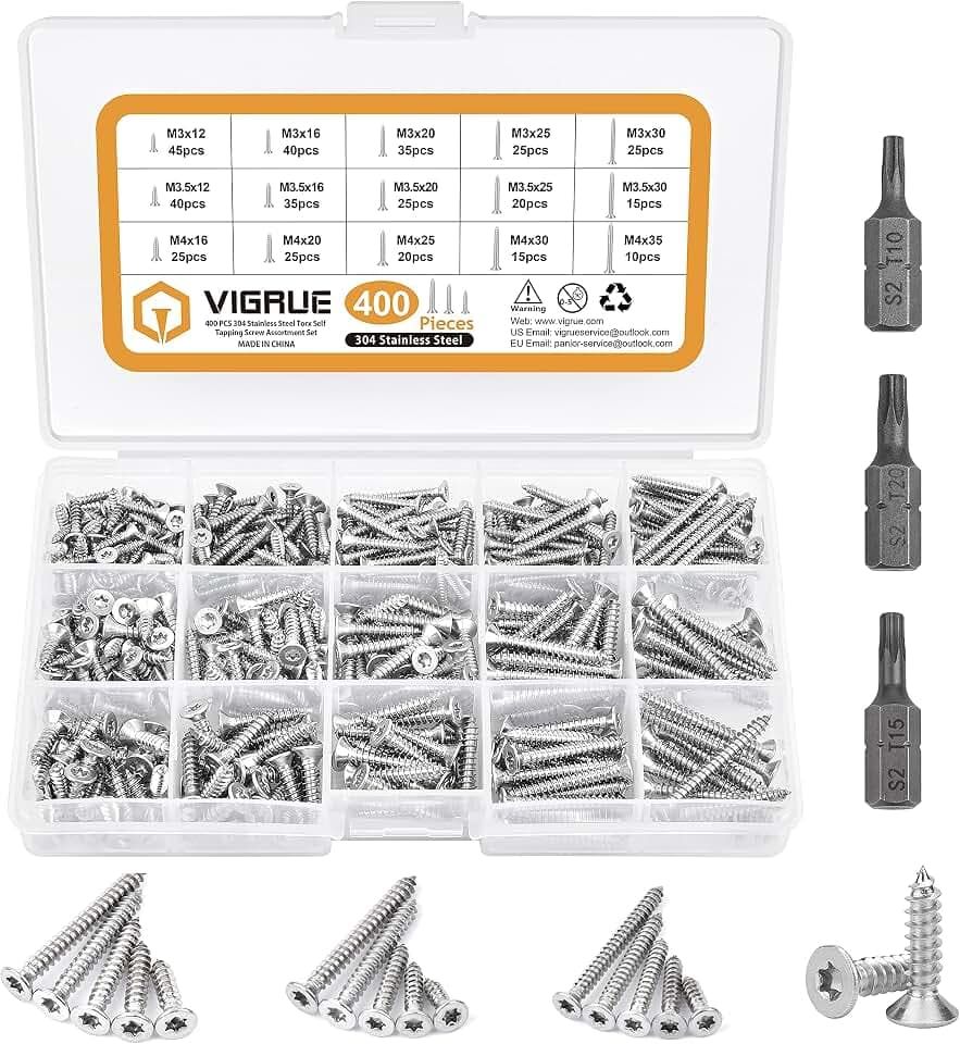 VIGRUE 400 Stück Edelstahl-Schrauben Set M3 M3.5 M4, Spanplattenschrauben mit Senkkopf, Vollgewinde Holzbauschrauben, Selbstschneidende Schrauben Mit 3 Stück Bits
