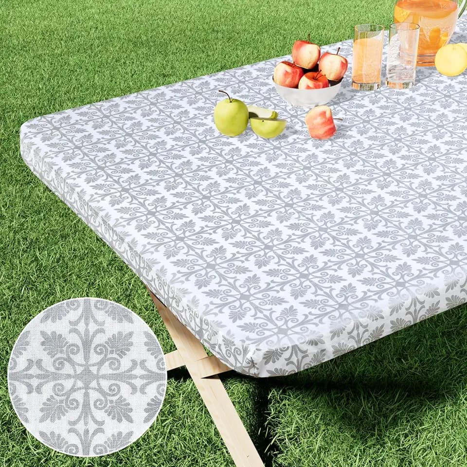 misaya Rectangle Vinyl Table Cloth, Elastic Fitted Flannel Backed Tablecloth, Waterproof Plastic Table Cover Fits 6 Foot Folding Tables for Picnic, Camping, Outdoor (Silver Grey, 30" x 72")