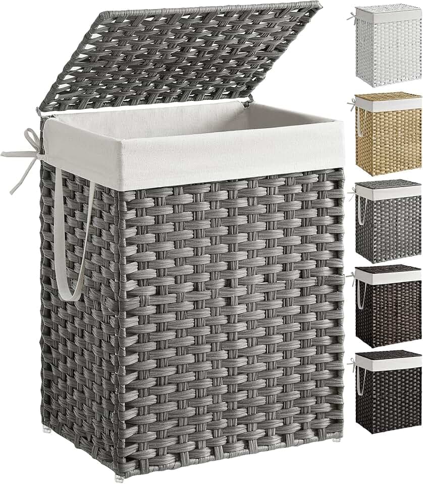 SONGMICS Laundry Hamper with Lid, 23.8 Gal (90 L) Synthetic Rattan,Foldable