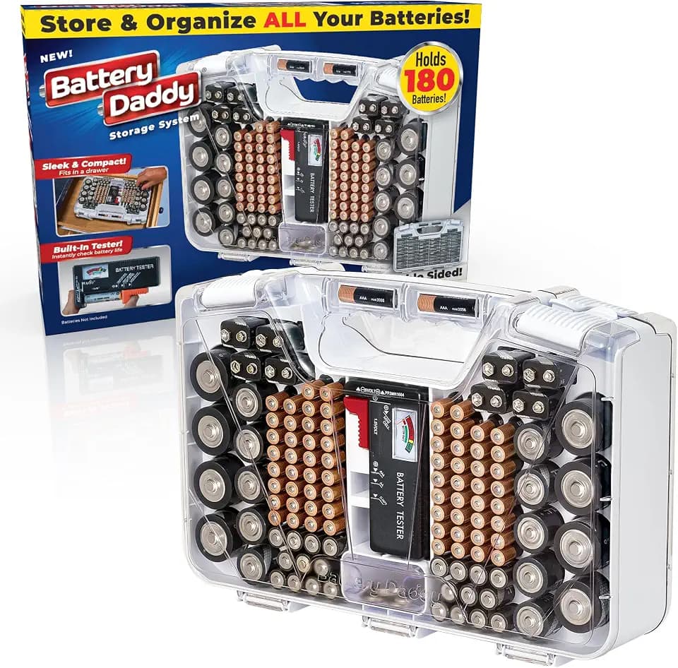 Battery Daddy Ontel Organizer Storage Case & Tester, Holds 180, White