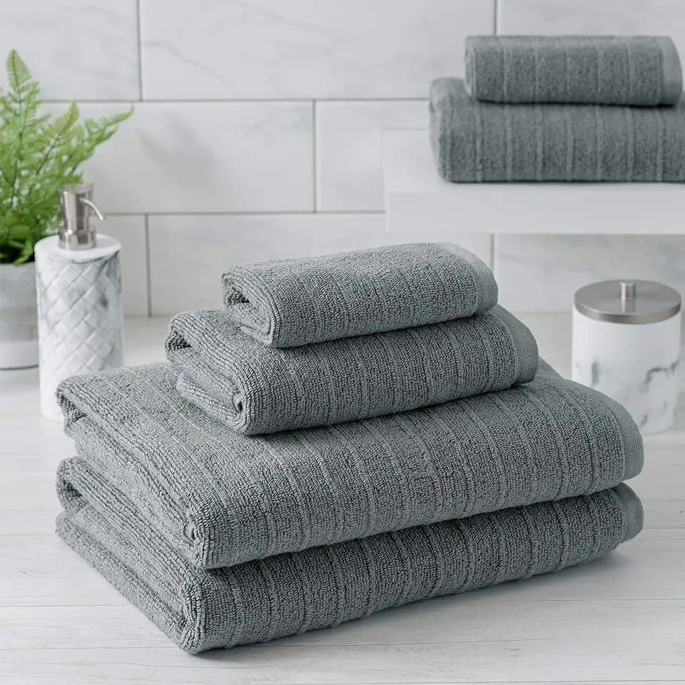 Welhome James 450 GSM 100% Cotton Textured Stripe Towel Set - 6 Piece Set of 2 Bath Towels, 2 Hand Towels, 2 Washcloths, Soft & Absorbent, Gray
