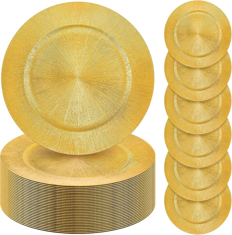 Tanlade 50 Pcs Gold Charger Plates Bulk, 13" Round Plastic Dinner Charger Plate, Shiny Golden Table Chargers Serving Plates Catering Tabletop for Thanksgiving Halloween Christmas Wedding Party Decor