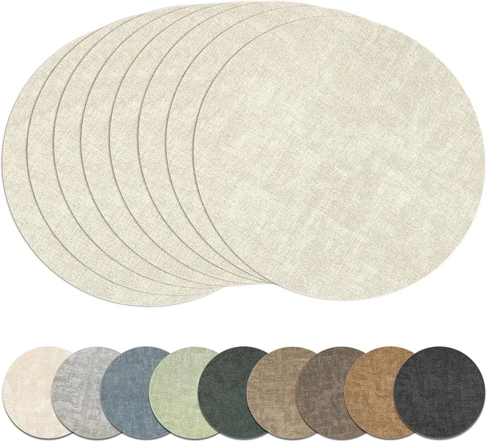 13" Round Placemats Set of 8, Reversible Faux Leather Wipeable Table Mats