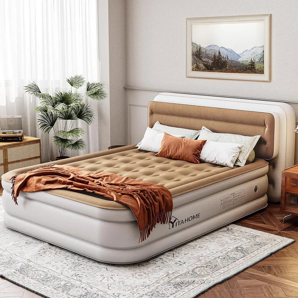 YITAHOME 18'' Queen Air Mattress with Pump and Banded Headboard, Brown