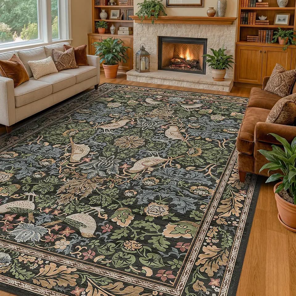 Vintage 9x12 Dining Room Rugs for Under Table - Dark Botanical & Bird Patterned Rugs for Living Room, Bedroom Under Bed, Traditional Cottage Brown and Green Décor, Washable Non Slip Folable Carpet