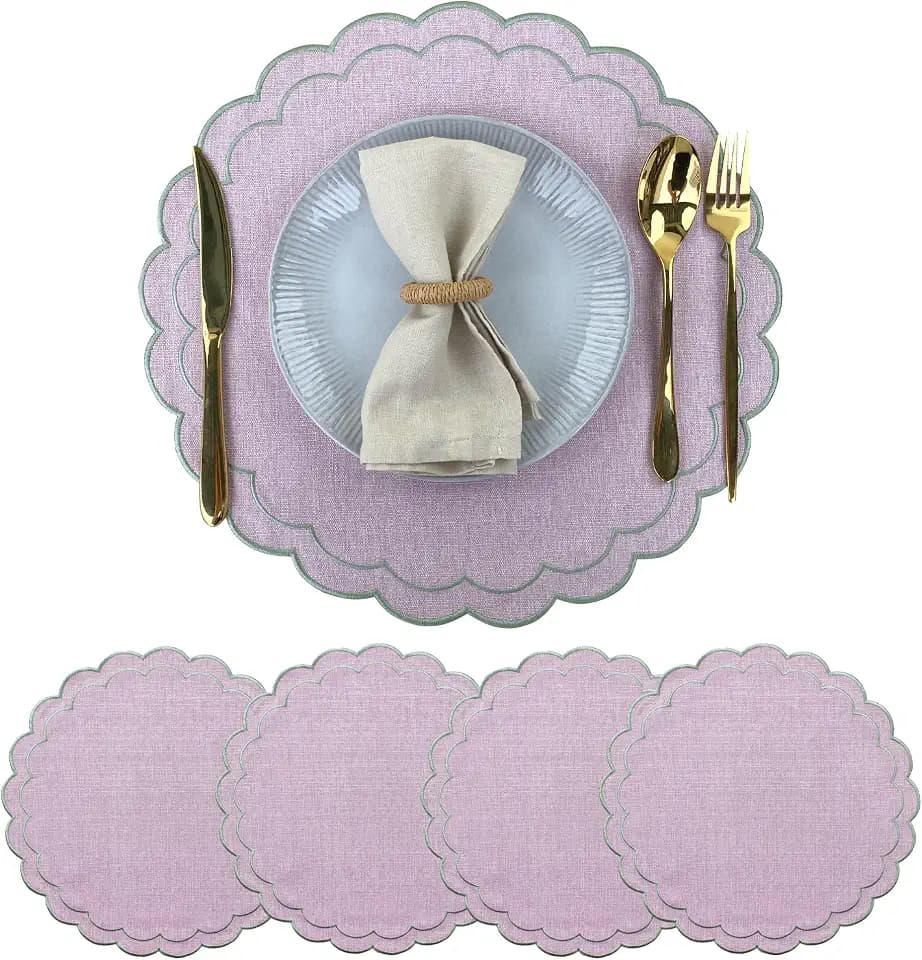 Linen Cotton Placemats Set of 4 Scalloped Flower Embroidery Place Mats 15'' Natural Linen Texture Fabric Machine Washable Table Mats for Restaurant Kitchen,Table Decor(Lilac)
