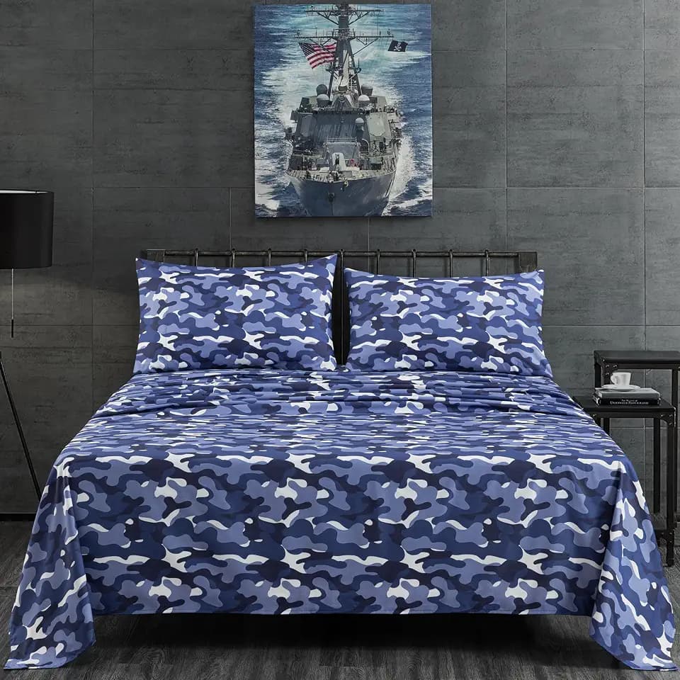 Chezmoi Collection Military Camo 3-Piece Sheet Set - Camouflage Blue Gray Printed Microfiber Soft Breathable Deep Pocket Sheets and Pillowcases Set, Twin XL Size