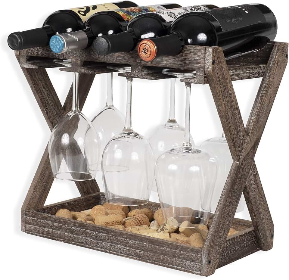 Rustic State Cava Countertop Solid Wood Wine Rack for 4 Bottles and 6 Stemware Glass Holder Cork Storage Tabletop Tray Freestanding Organizer - Home, Kitchen, Dining Room Bar Décor - Walnut
