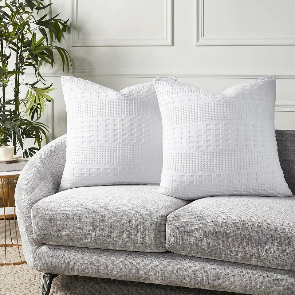 VHC Brands Waffle Weave White Pillow Cover Set of 2 24x24, Decorative Throw Pillow Covers/Shams, Boho Farmhouse Bedroom, Living Room Decor