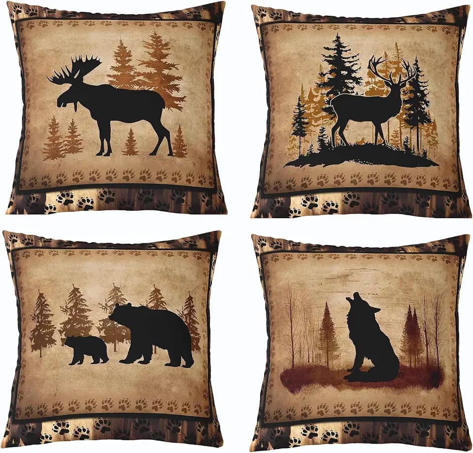Set of 4 Vintage Bear Throw Pillow Covers,Cabin Deer Hunting Cushion Case for Home Living Room Decor, Reversible Farmhouse Wolf Animals Brown Yellow Decorative Throw Cushion Case, 18x18 Inches