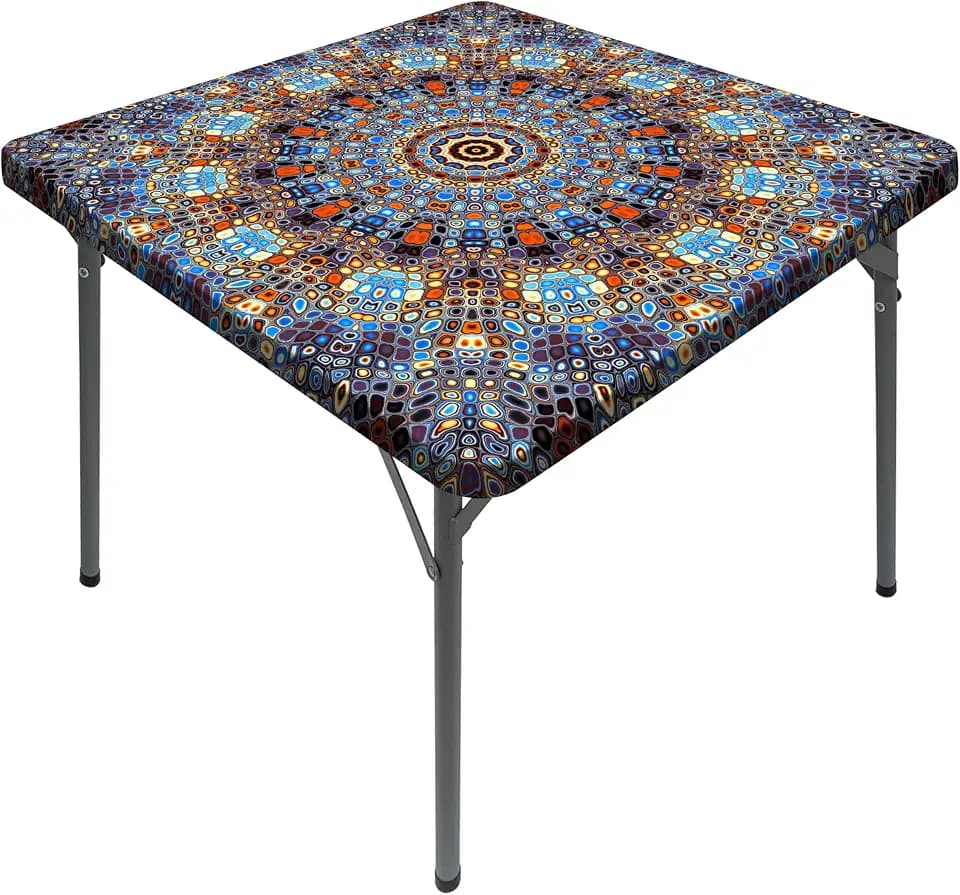 Square Tablecloth with Elastic Waterproof Outdoor Card Table Cover Fitted Table Cloth Fit 34x34 Inch Kitchen Patio Dinning (Blue, 34" x 34" (Square))