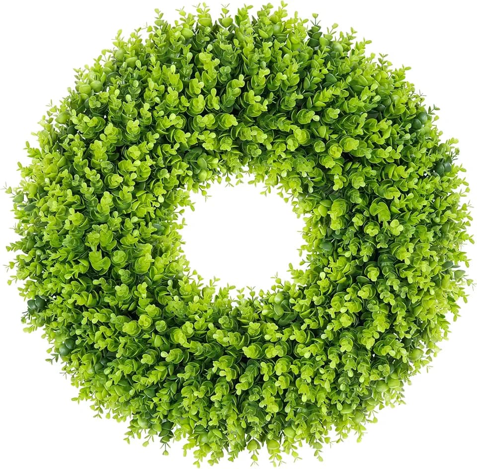 DDHS 28 inch Boxwood Wreath, Artificial Large Spring Wreaths for Front Door with Yellow Sash can DIY Shaped, Summer Wreaths for Hanging in the Shop, Farmhouse, Roof Green Everyday Wreath Home Decor