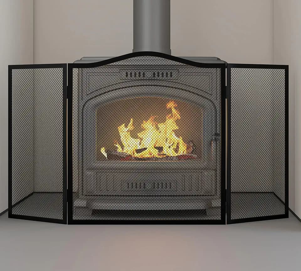 Kingson Extra breites gewölbtes 3-teiliges Feuerschutzgitter - Schwarz Schmiedeeisen Funkenschutz für Kamin - Faltbarer Gitter-Feuerschutz - 102 x 54 cm - Hitzebeständig, Kinder- & Haustiersicher