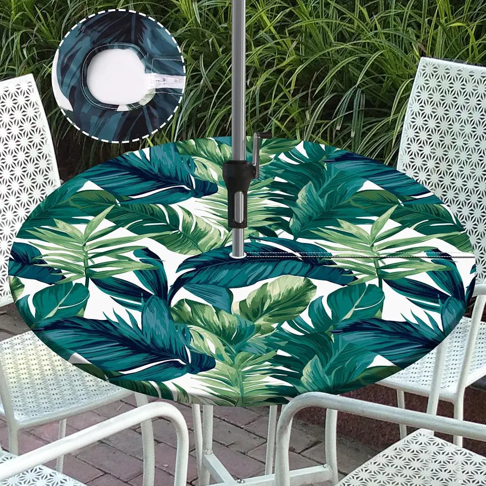 Round Outdoor Tablecloth with Umbrella Hole Zippered Fitted Tablecloth with Elastic Palm Leaves Table Cloth Cover for Picnic Party Patio Fits 36-40" Diameter Round Tables