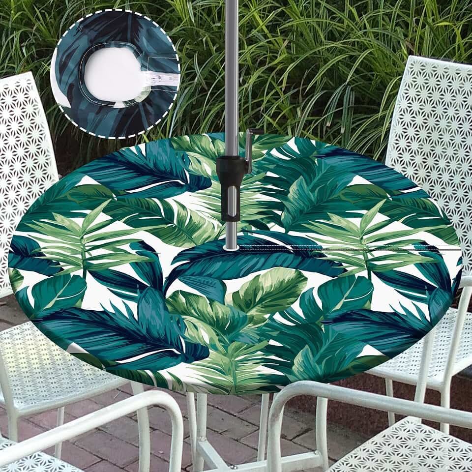 Round Outdoor Tablecloth with Umbrella Hole Zippered Fitted Tablecloth with Elastic Palm Leaves Table Cloth Cover for Picnic Party Patio Fits 40-44" Diameter Round Tables
