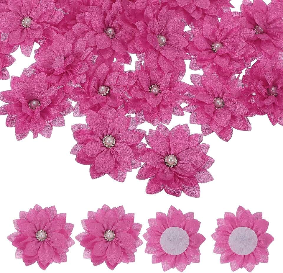 PATIKIL Fabric Flowers, 30 Pcs 2" Rhinestone Pearls Sewing Fabric Flowers for DIY Crafts Appliques Wedding Birthday Party Decoration, Rose Red