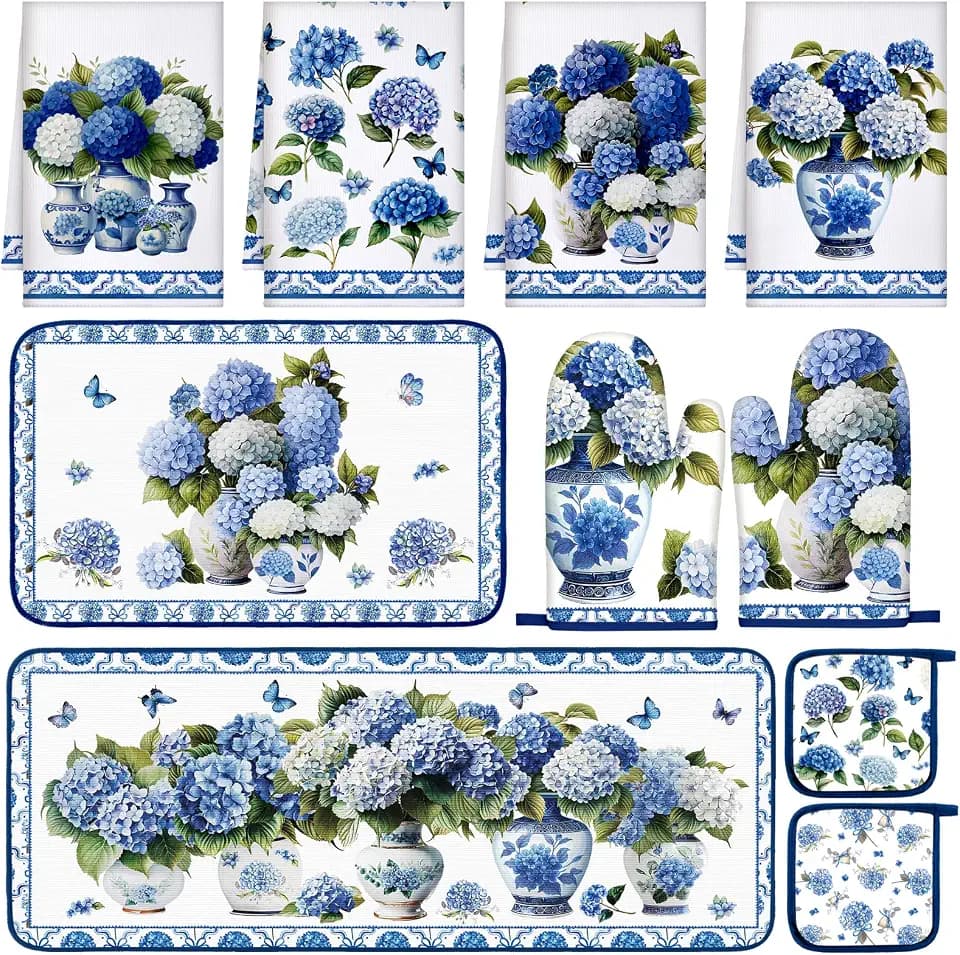 Fanfanwin 10 Pcs Chinoiserie Blue White Hydrangea Kitchen Decor Set
