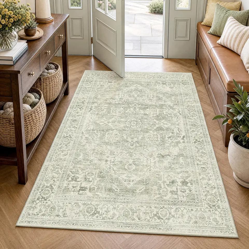 FMFUNCTEX 4x6 Washable Green Neutral Oriental Distressed Entryway Area Rug