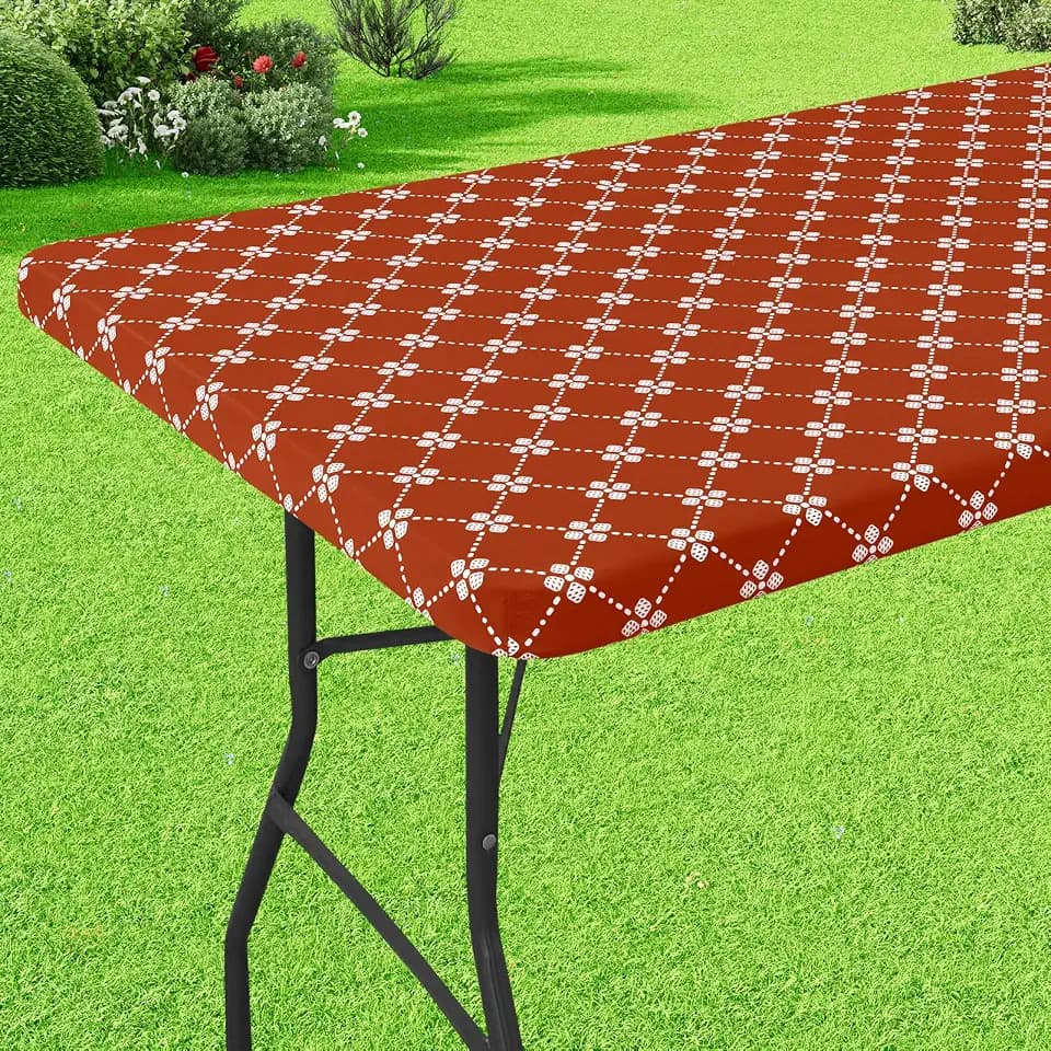 misaya Rectangle Vinyl Table Cloth, Elastic Fitted Tablecloth with Flannel Backing, Waterproof Plastic Table Cover Fits 6 Foot Folding Tables for Picnic, Camping, Indoor and Outdoor (Rust, 30" x 72")