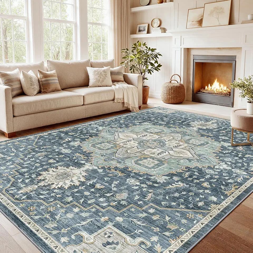 Amada 8x10 Washable Area Rug for Living Room, Blue/Yellow, Vintage Pattern