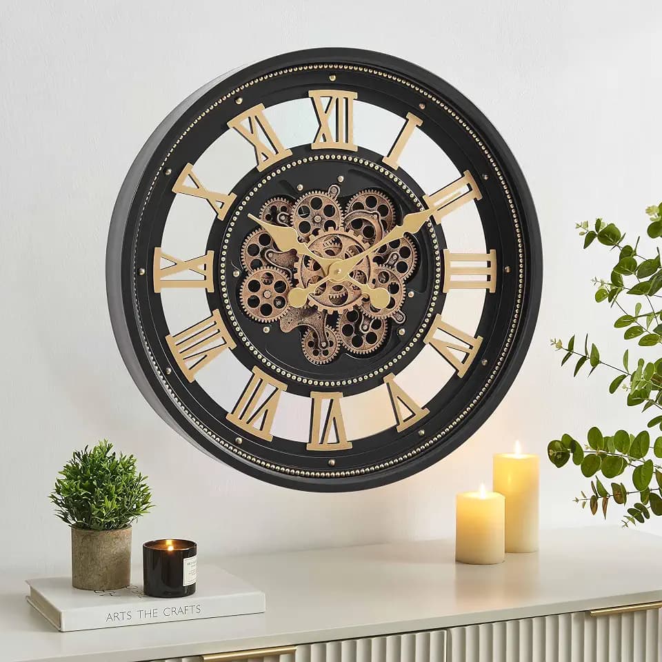 CLXEAST 24" Moving Gear Wall Clock for Living Room Decor, Roman Numeral
