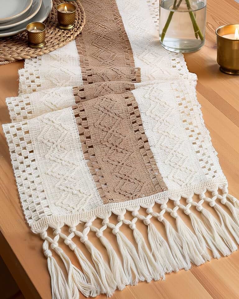 Pureegg Farmhouse Boho Table Runner 12 x 72 Inch, Brown
