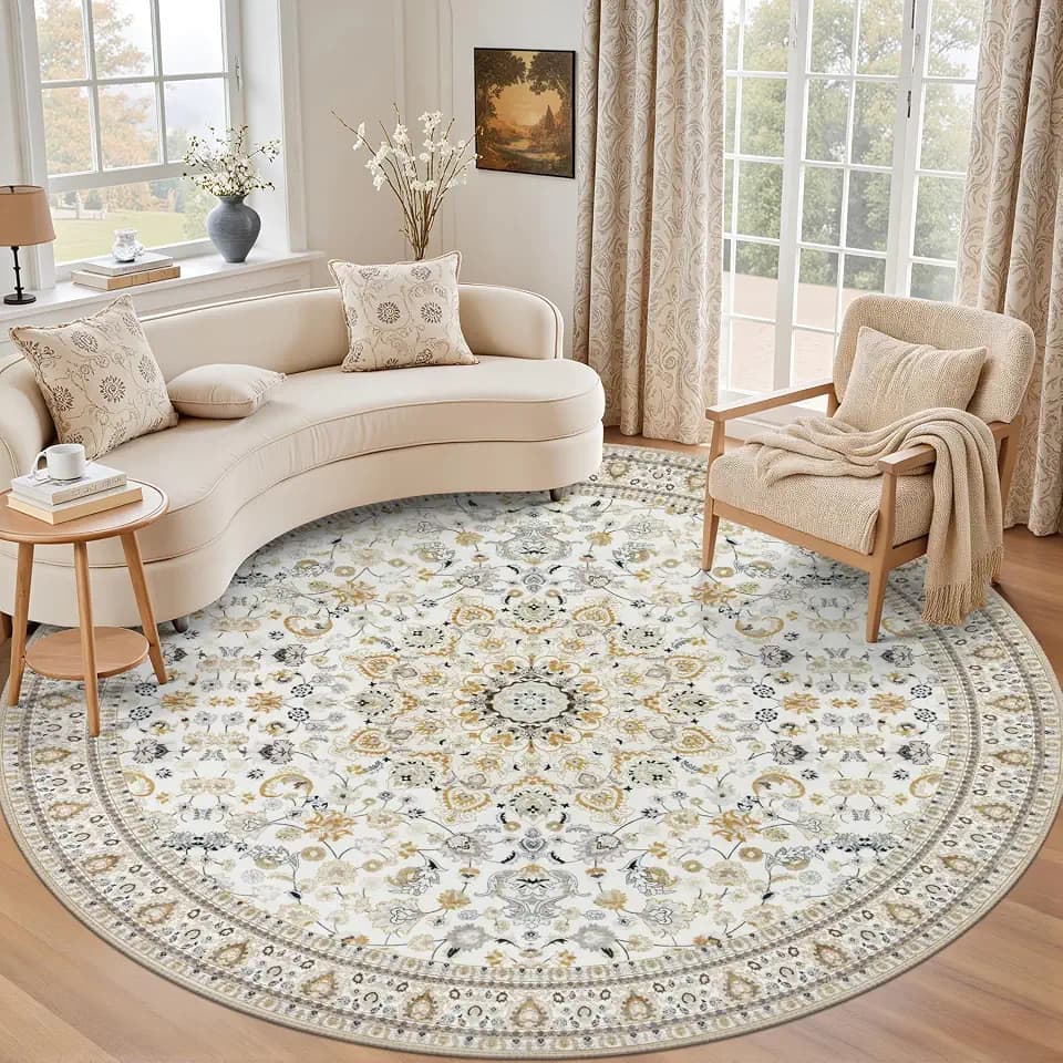 Round Area Rug for Living Room: 6ft Washable Rug for Bedroom Beige