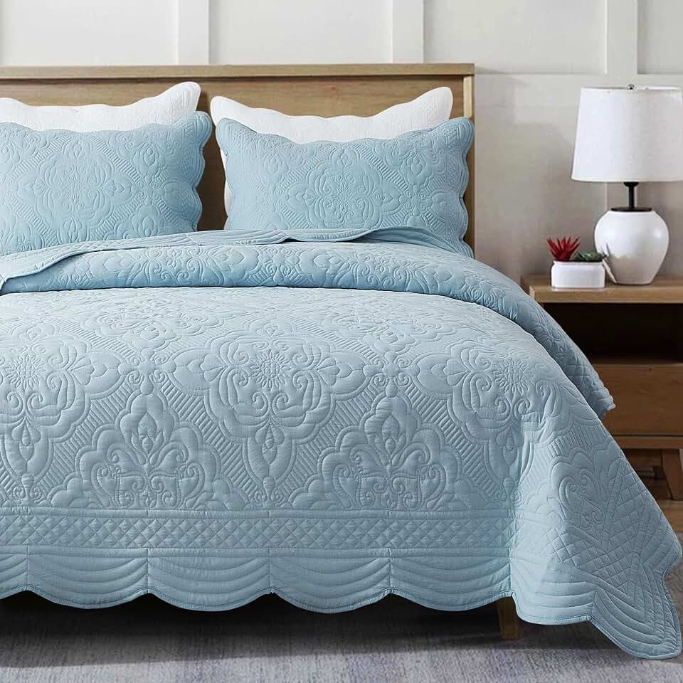 meadow park Embroidered Quilt Set Queen Size - 3 Pieces, Washed Lightweight Coverlet with Scallop Edges, Reversible Bed Cover All Season Quilts-Blue