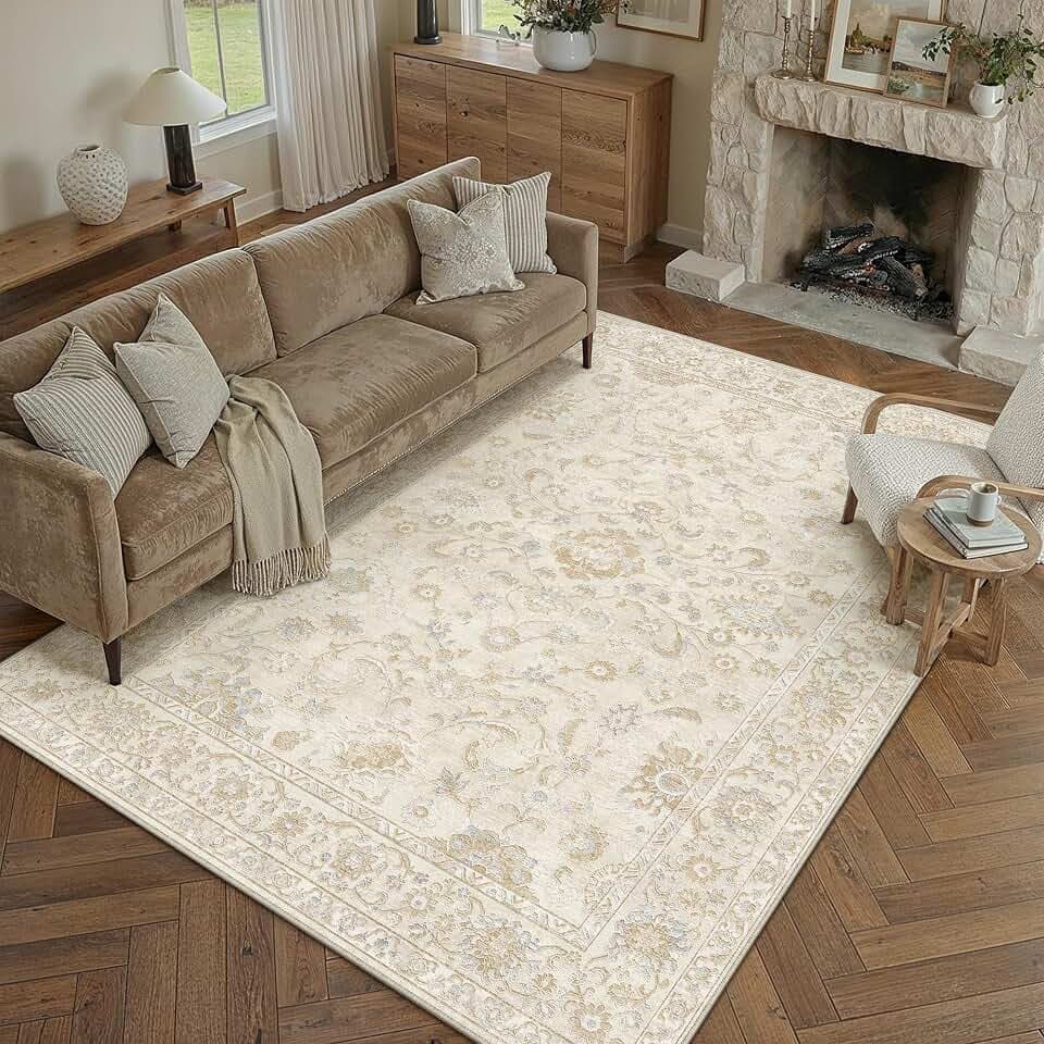 6x9 Washable Area Rug Beige Neutral Carpet